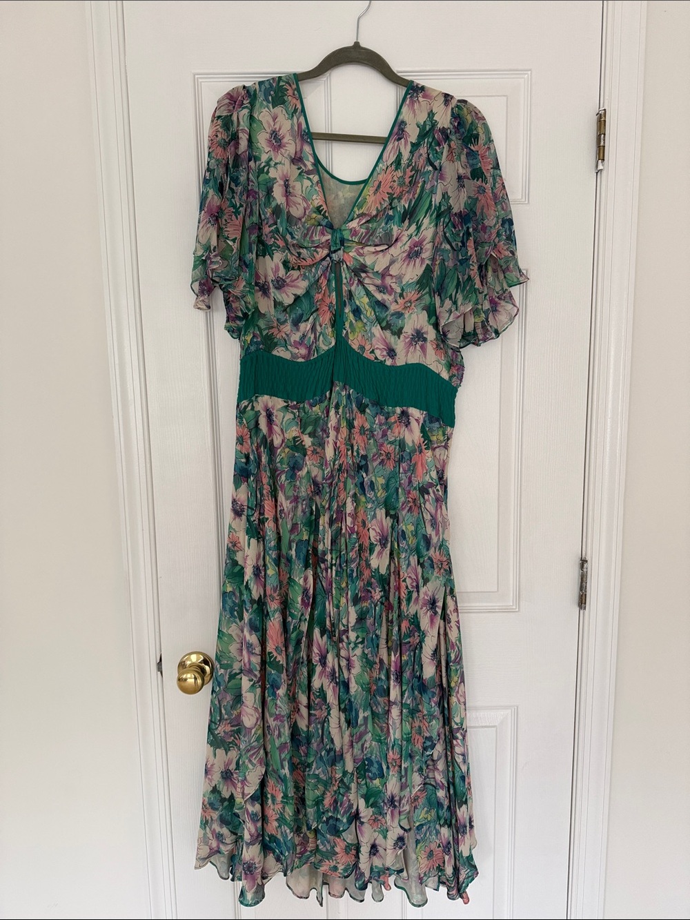Diane Fres Floral Green Midi Dress with Beading and Smocking Waist